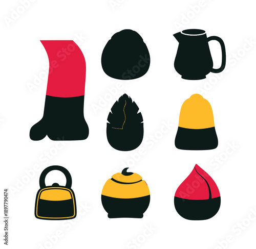 set of eight icons including hats and a kettle and kettlebell on white background