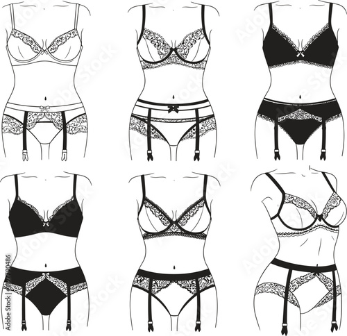 Lingerie fashion line art vector set featuring women underwear silhouettes, bra and panties designs, elegant black and white apparel illustration isolated