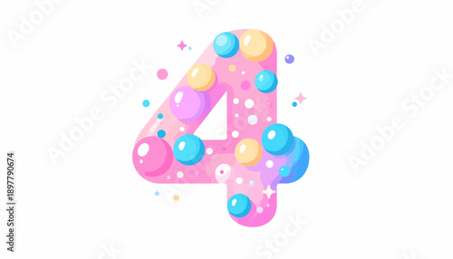 Whimsical pink number four illustration adorned with vibrant glossy bubbles and playful design