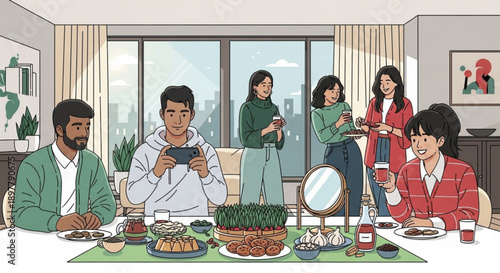 Family gathered around dining table using mobile phones in a modern living room with large windows