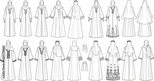 Collection of white Abaya dresses with intricate floral embroidery and elegant hijabs, showcased in a detailed line art illustration