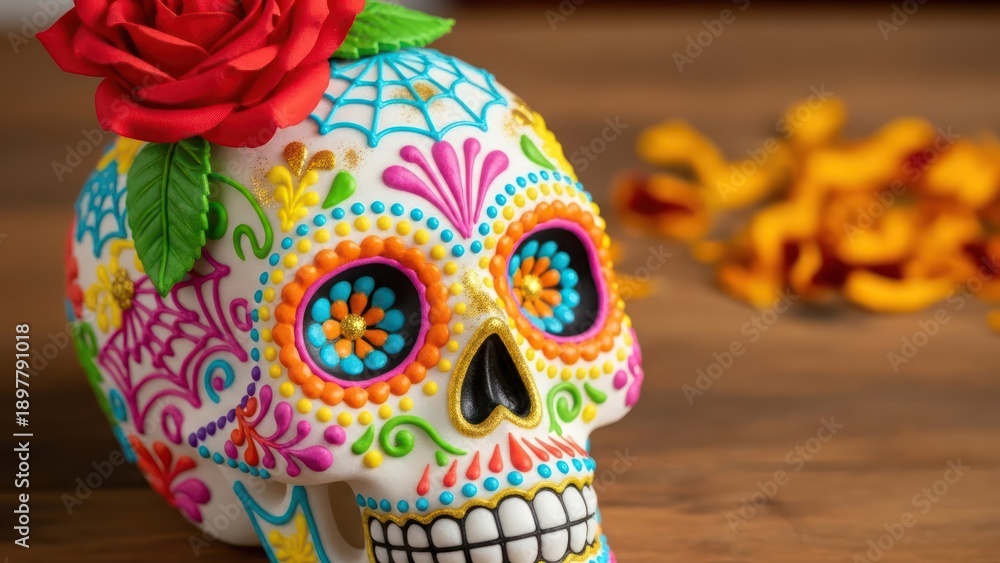 Fototapeta premium Vibrant sugar skull adorned with a striking red rose for a festive celebration