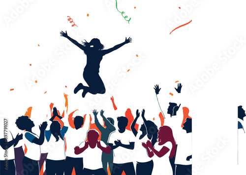 Celebration crowd vector illustration with jumping happy woman silhouette, cheering people group, festival party atmosphere design isolated on white background