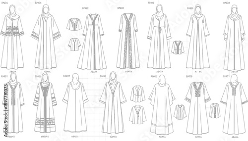 Technical fashion flats of Abaya designs with various necklines, sleeve types, and decorative trims, including labelled details for production
