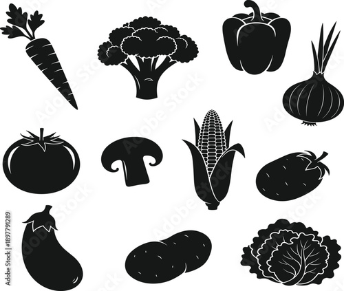 Vegetable silhouette vector set featuring carrot broccoli pepper onion tomato corn mushroom eggplant and cabbage, healthy food icons collection isolated on white background