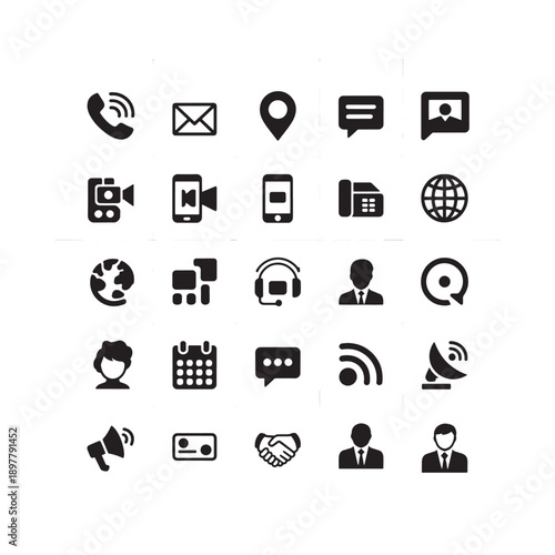Collection of black and white communication and technology related icons displayed in a grid