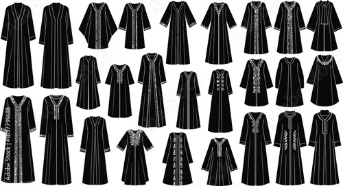 Collection of black Abaya dresses with intricate geometric and floral embroidery, presented as detailed vector illustrations for fashion design