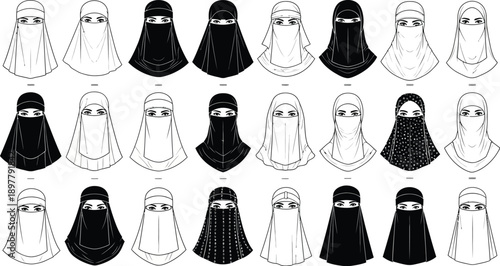 Collection of diverse face veils and niqabs in black and white line art for Islamic fashion and modesty designs