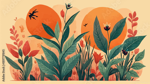 Stylized tropical landscape with lush green plants, vibrant flowers, and birds under warm orange suns.