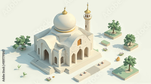 Isometric minimalistic mosque with a grand dome and a tall minaret surrounded by lush green trees