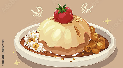 Exquisite illustration of a dome-shaped dish topped with a tomato, flowers, and golden pastries.