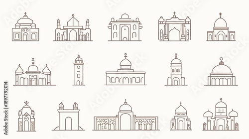 Outline vector icons illustrating diverse architectural styles of mosques and religious temples.