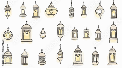 A delightful collection of hand-drawn Islamic lanterns featuring various unique designs and warm glow.