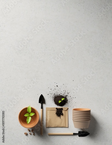 A flat lay of gardening supplies for planting a small seedling, including a pot, soil, tools, and seeds.