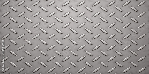 Shiny industrial seamless diamond plate pattern with a metallic silver steel texture on a rough grey aluminum sheet surface for construction and design