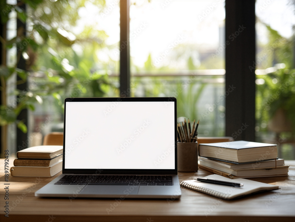 Fototapeta premium Laptop with Blank Screen on Cozy Workspace Desk