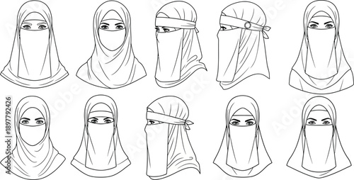 Variety of Islamic face veils and niqabs shown in line art, including different tying styles and coverage options