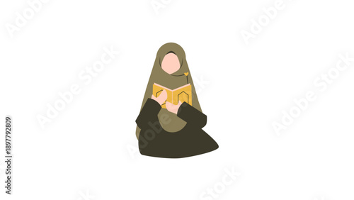A faceless illustration of a woman in a hijab sitting and reading a book/Quran.
