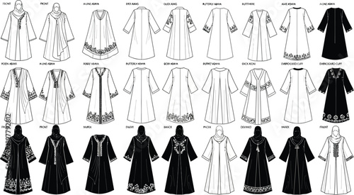 Fashionable Islamic abayas in black and white line art, showcasing various styles like A-line, butterfly, and embroidered designs