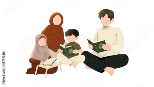A warm illustration of a Muslim family (parents and two children) sitting together reading the Quran.