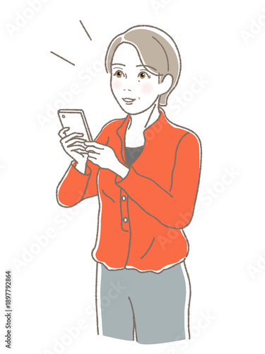 スマホを両手で持ち微笑むシニア女性のイラスト、中高年、デジタル活用、ヘルスケア、ベクター (Senior woman holding a smartphone with both hands and smiling, middle-aged, digital life, healthcare, vector)