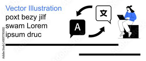 Language learning, translation services, remote work, communication, global connectivity, technology tools. Arrows connect text bubbles with letters. Language learning and translation services