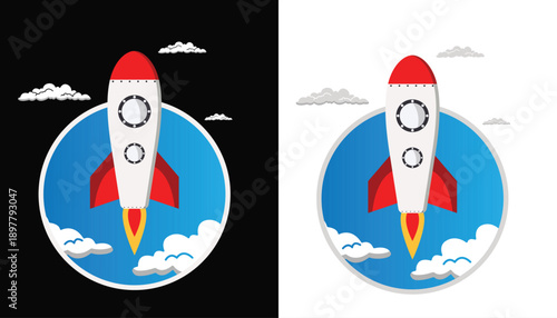 gambar vector animasi roket luar angkasa dengan awan dan planet bumi yang keren