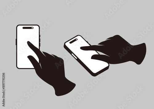 スマートフォンを操作する手のシルエットイラスト シンプルなUI表現