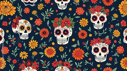 Colorful sugar skulls and vibrant flowers create a festive seamless pattern