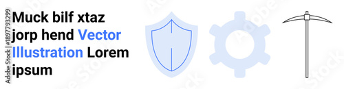 Security, engineering, technology, mining, industry, tools. Blue shield, gear symbol pickaxe illustration. Security and engineering concept reflecting modern solutions and functionality