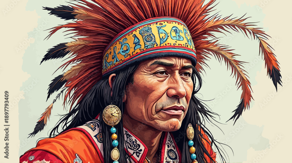 Obraz premium Vector portrait of a wise Indigenous man in traditional feathered headdress and attire