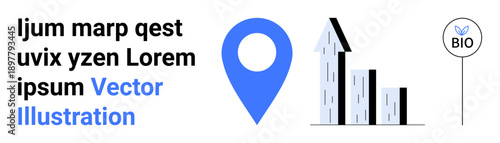 Business growth, location services, sustainability, analytics, environmental progress, and eco-friendly concepts. A location pin, a rising bar graph and a bio sign. Business growth and location