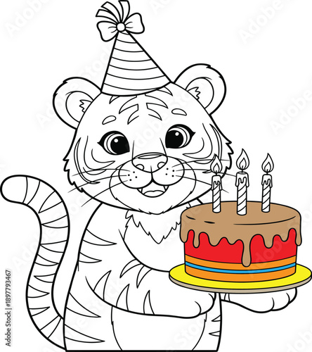 Cute Birthday Tiger Holding Cake with Candles Illustration, Adorable Cartoon Animal Character Line Art, Kids Friendly Celebration Vector Design