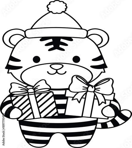Cute Cartoon Tiger Holding Gift Boxes Illustration, Adorable Animal Character Line Art, Kids Friendly Birthday Celebration Vector Design