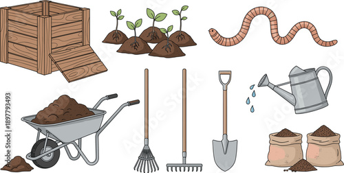 Gardening and Composting Tools Set with Wooden Bin Wheelbarrow Shovel Rake Watering Can Soil Seedlings and Earthworms Vector Illustration