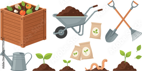 Gardening Tools and Planting Set with Compost Box Wheelbarrow Shovel Rake Watering Can Seeds Soil and Sprouts Vector Illustration