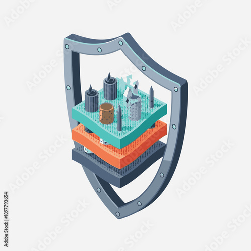Shield Icon Protecting City Infrastructure Layers.