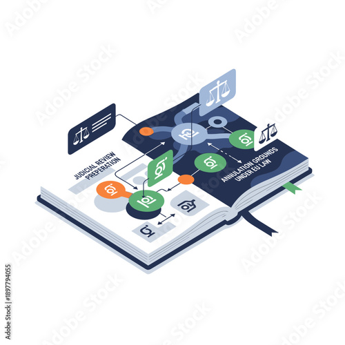 Open notebook with digital icons and graphics.