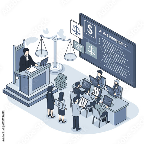 Lawyer and Clients in Courtroom Scene.