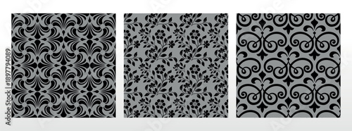 Geometric floral set of seamless patterns. Gray and black vector backgrounds. Damask graphic ornaments