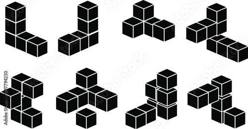 Isometric Tetris Block Shapes Set with Black 3D Cube Pieces for Puzzle Game Design and Retro Arcade Vector Illustration