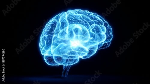 Glowing Blue Human Brain Anatomy With Neural Activity.