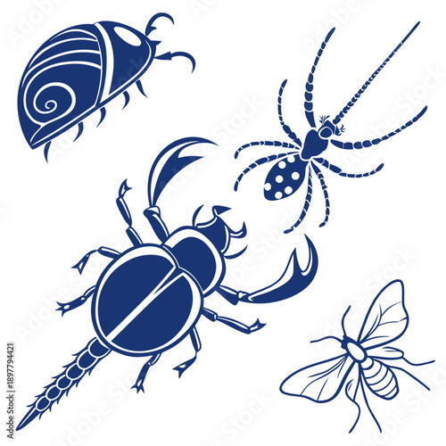 Stylized tribal insect vector set with beetle, spider, and fly illustrations. Set of blue decorative bug icons for tattoo design and nature graphics.