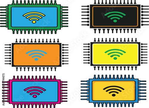 Wireless Microchip WiFi Signal Icon Set with Colorful Processor Chips Technology Network Communication Flat Vector Illustration for Digital Electronics Design