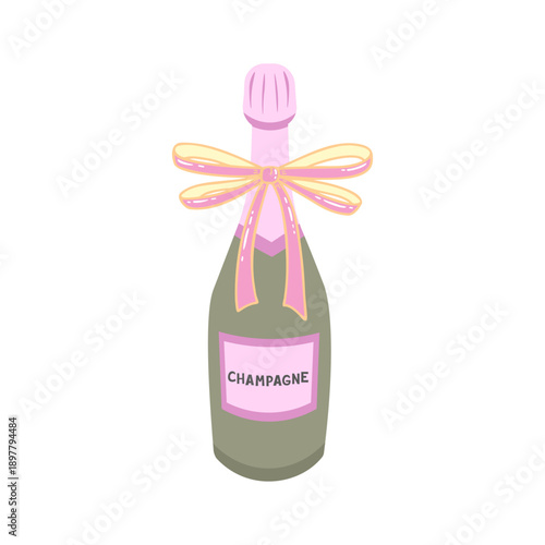 Bottle of champagne with bow. Vector Illustration for printing, backgrounds, covers and packaging. Image can be used for greeting cards, posters, stickers and textile. Isolated on white background.