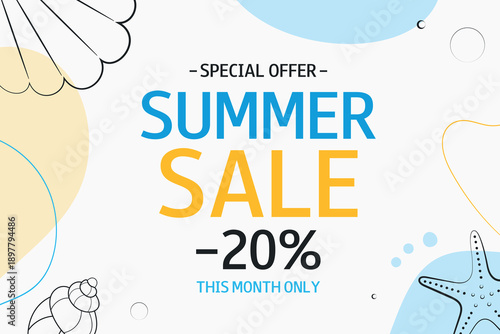 Summer Sale horizontal background with seashells and text. Special Offer. This month only, up to 20%. Template for design, banner, flyer, poster.