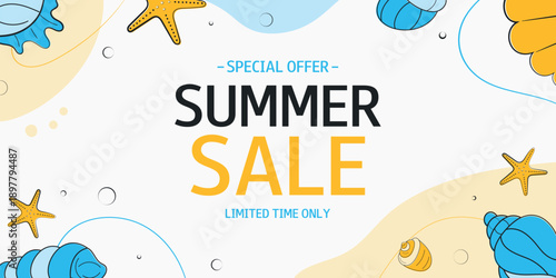 Summer Sale horizontal background with sea shells. Special Offer. This month only. Template for design, banner, flyer, poster, advertising, online store, shop window, promotion, sell-out.