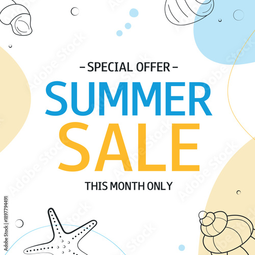 Summer Sale square background with sea shells. Special Offer. This month only. Template for design, banner, flyer, poster, advertising, online store, shop window, promotion.