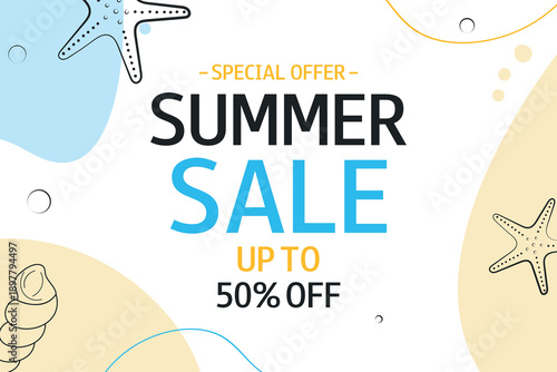 Summer Sale horizontal background with seashells and text. Special Offer. Up to 50% off. Template for design, banner, flyer, poster.
