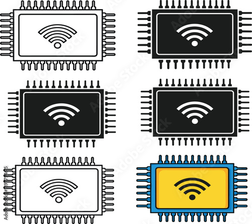 Wireless Microchip WiFi Signal Icons Set in Black and White Processor Chips for Network Technology Communication Vector Illustration
